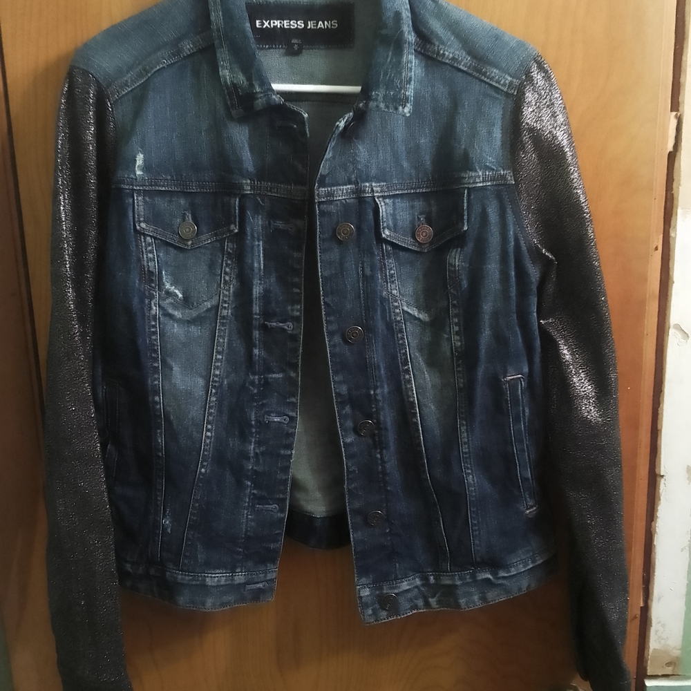 Express Jeans Denim Jacket with Black Matallic Sleeves Size Medium